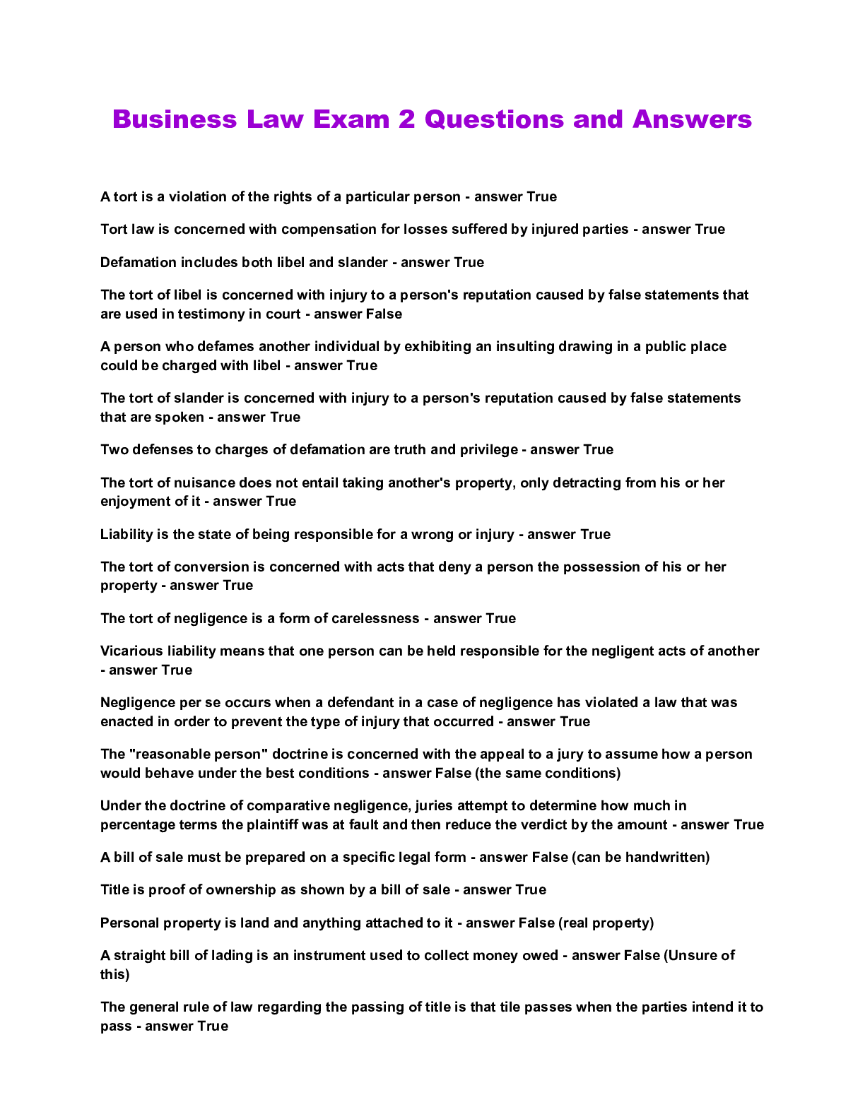 Business Law Exam 2 Questions and Answers Browsegrades